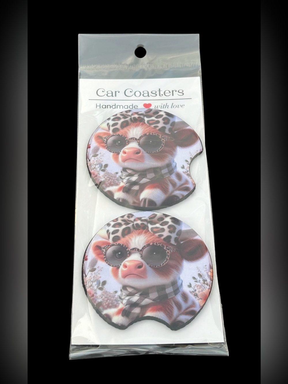 Stylish Cow Car Coasters - Pink & Brown